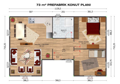 Saray prefabrik 73 m2 tek katlı prefabrik ev