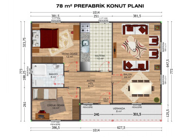 Saray Prefabrik 78 m2 tek katlı prefabrik ev