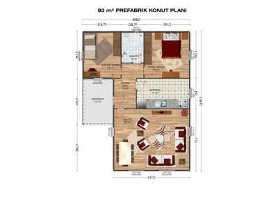 Saray Prefabrik  93 m2 tek katlı prefabrik ev
